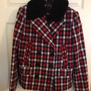 NWOT J Crew Women Shearling Collar Pea Coat Red Plaid Check Size S
